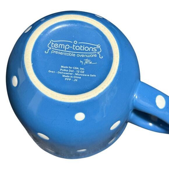 Temptations by Tara Stoneware Coffee Mugs - Blue Polka Dots - Set of 8 - 12oz - Picture 2 of 6